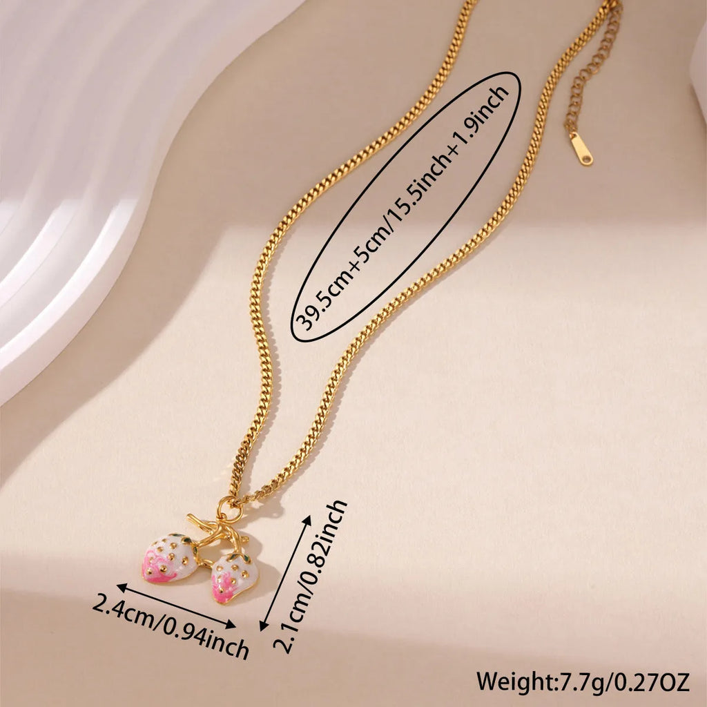 Strawberry fruit pendant necklace for women in stainless steel alloy with red or white gradient colour options