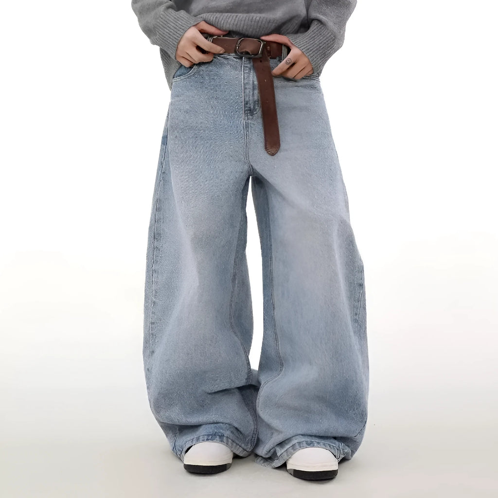 Men's blue retro washed distressed straight-leg cotton denim jeans with a mid waist.