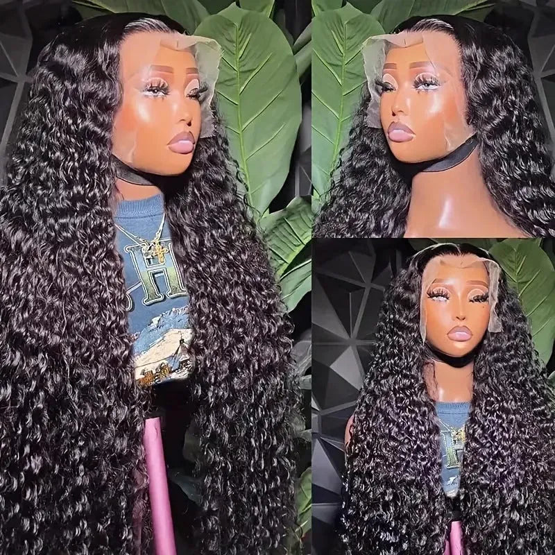 Black lace front Afro wig with small roll wound tube construction and long curly hair with side bangs