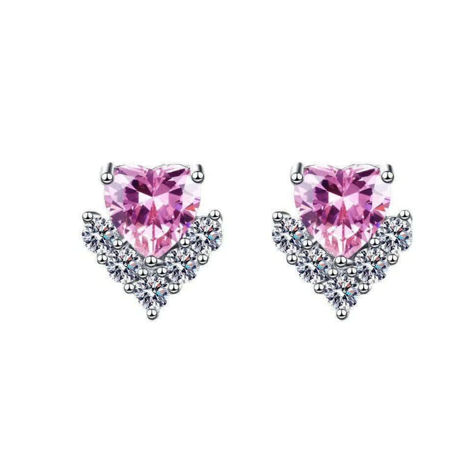 Heart-shaped six-claw inlaid zircon earrings for women, copper electroplated drop earrings with love motif
