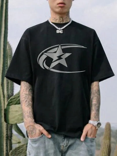 Men's black pure cotton short sleeve t-shirt with Japanese retro style print.