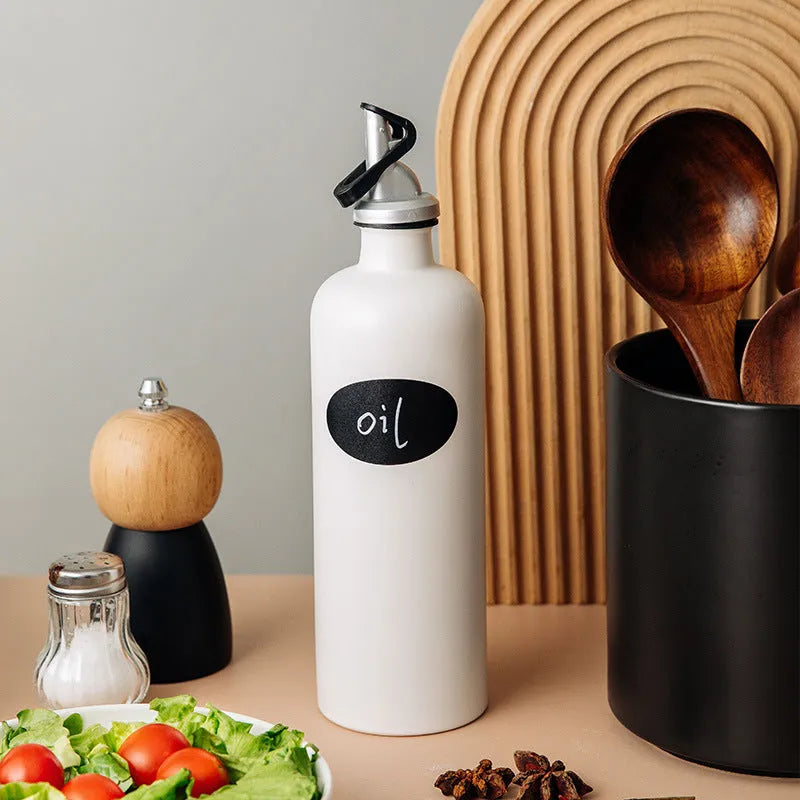 Ceramic kitchen oil pot with sealed lid and conical funnel in three colour options