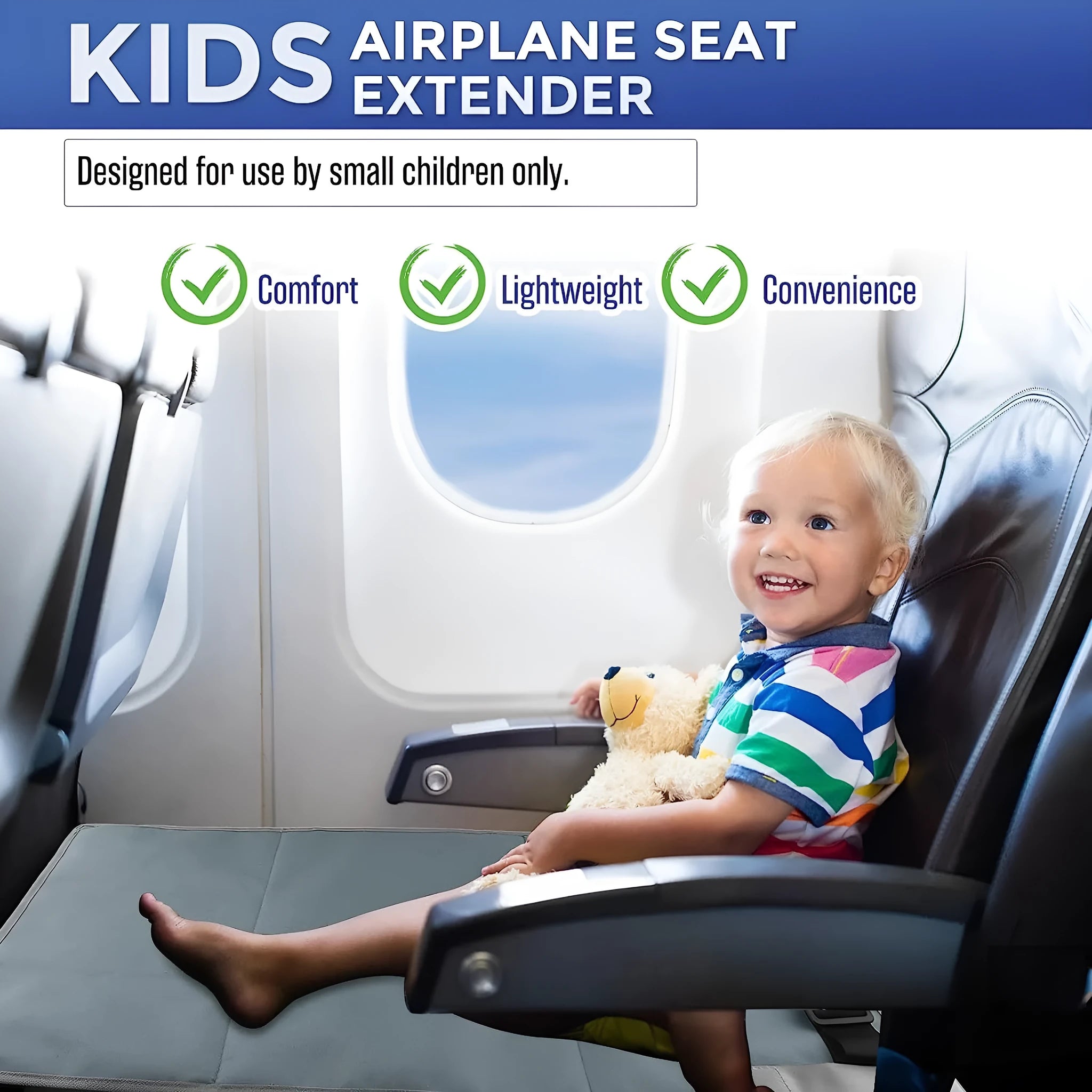 Portable children's aircraft pedal seat extender in blue, black or grey with optional drawstring pocket