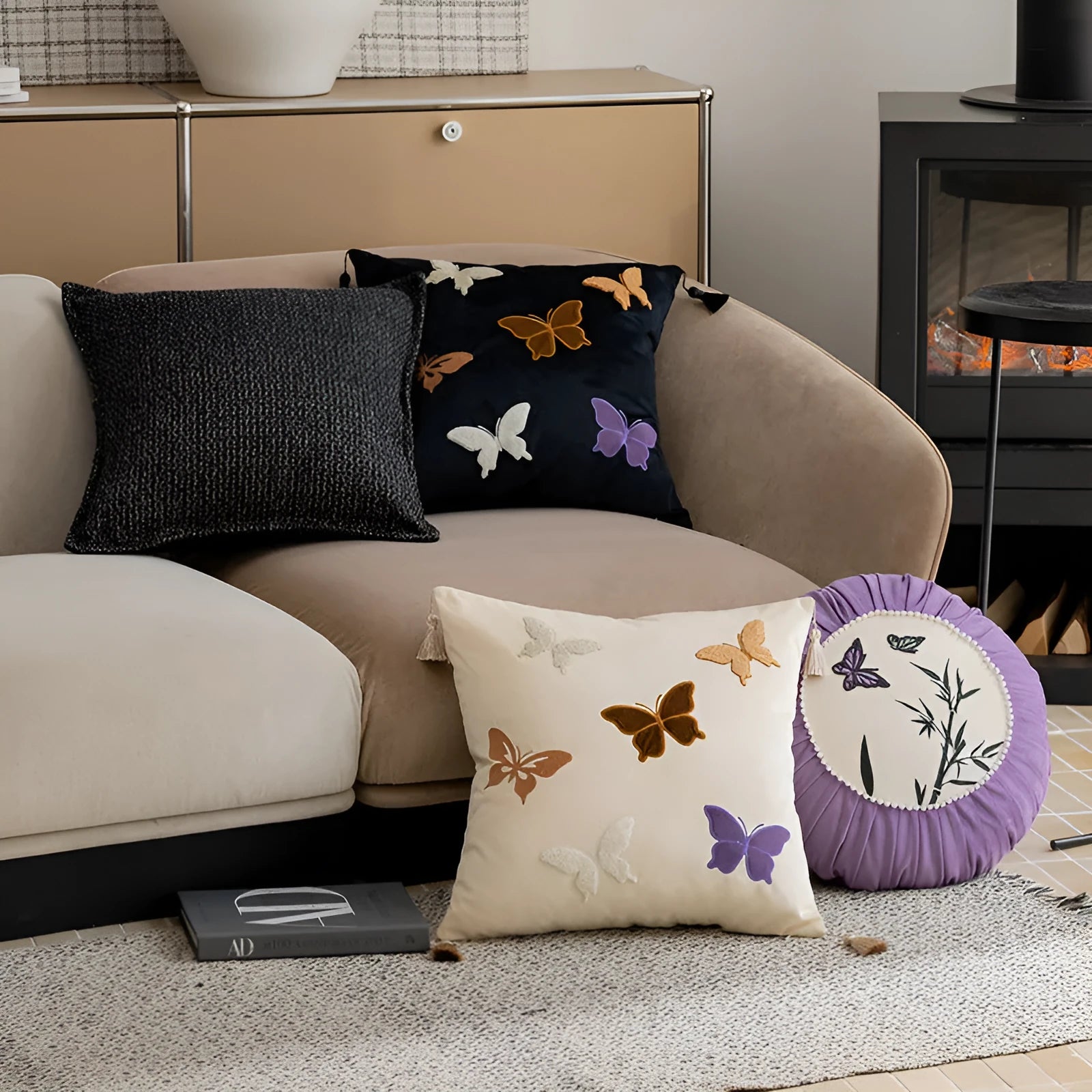 Square beige cushion with black butterfly embroidery in Chinese style