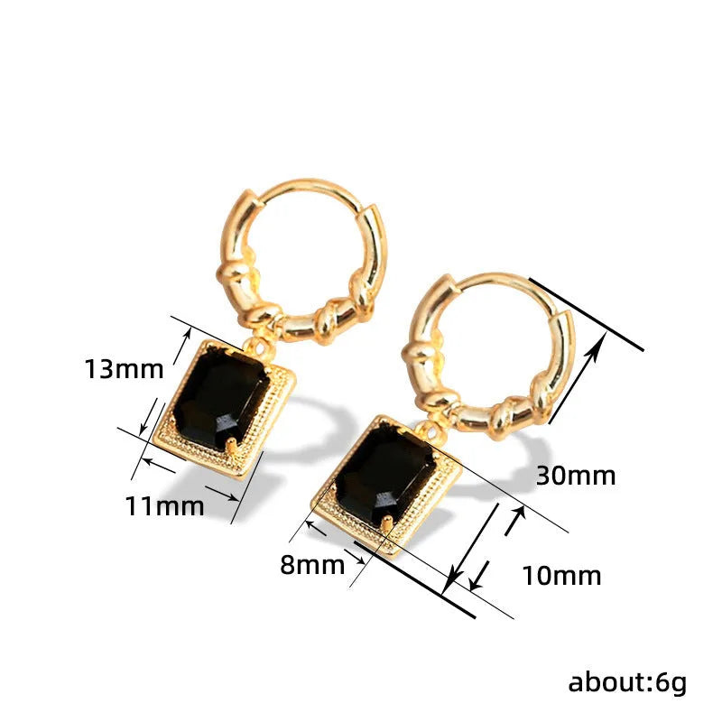 Geometric quadrilateral black zircon earrings with copper construction and retro French Court styling