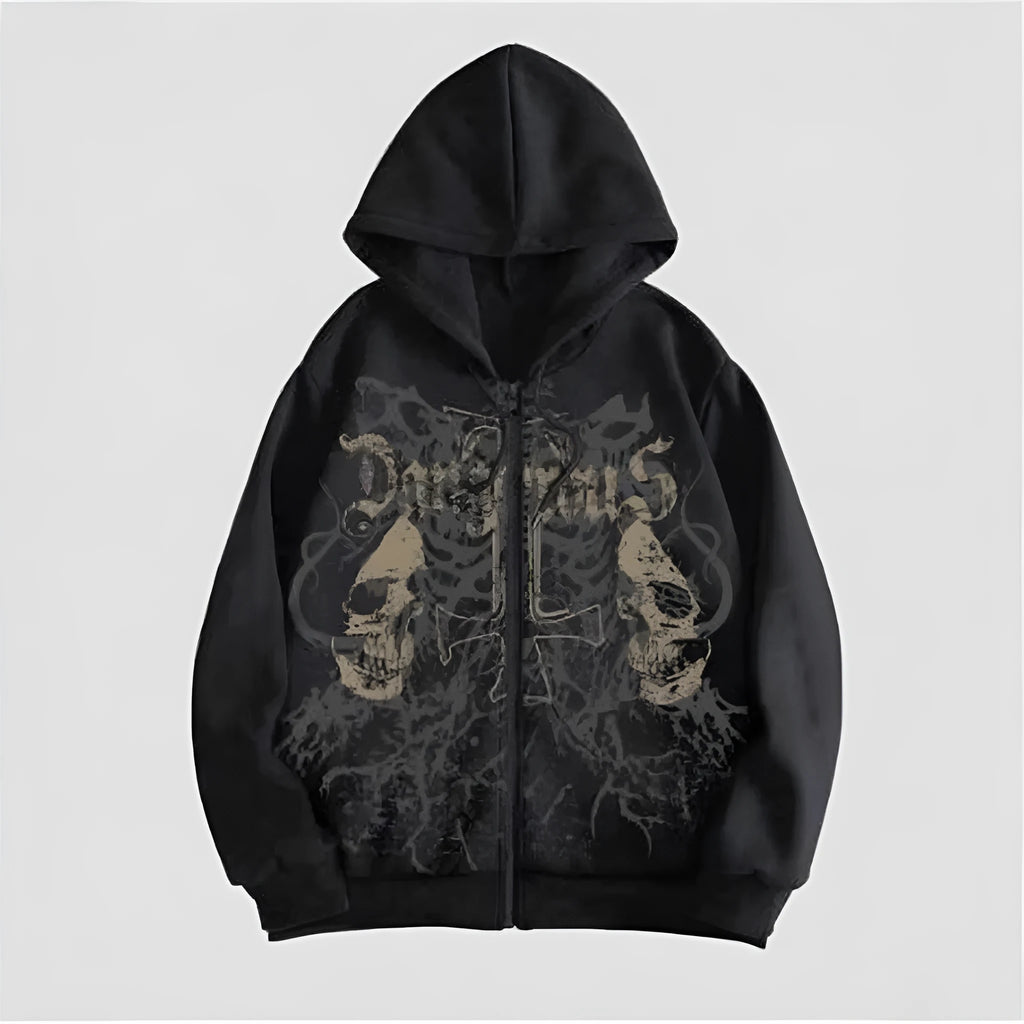 Men's black skull print hooded sweatshirt with long sleeves and cotton blend fabric