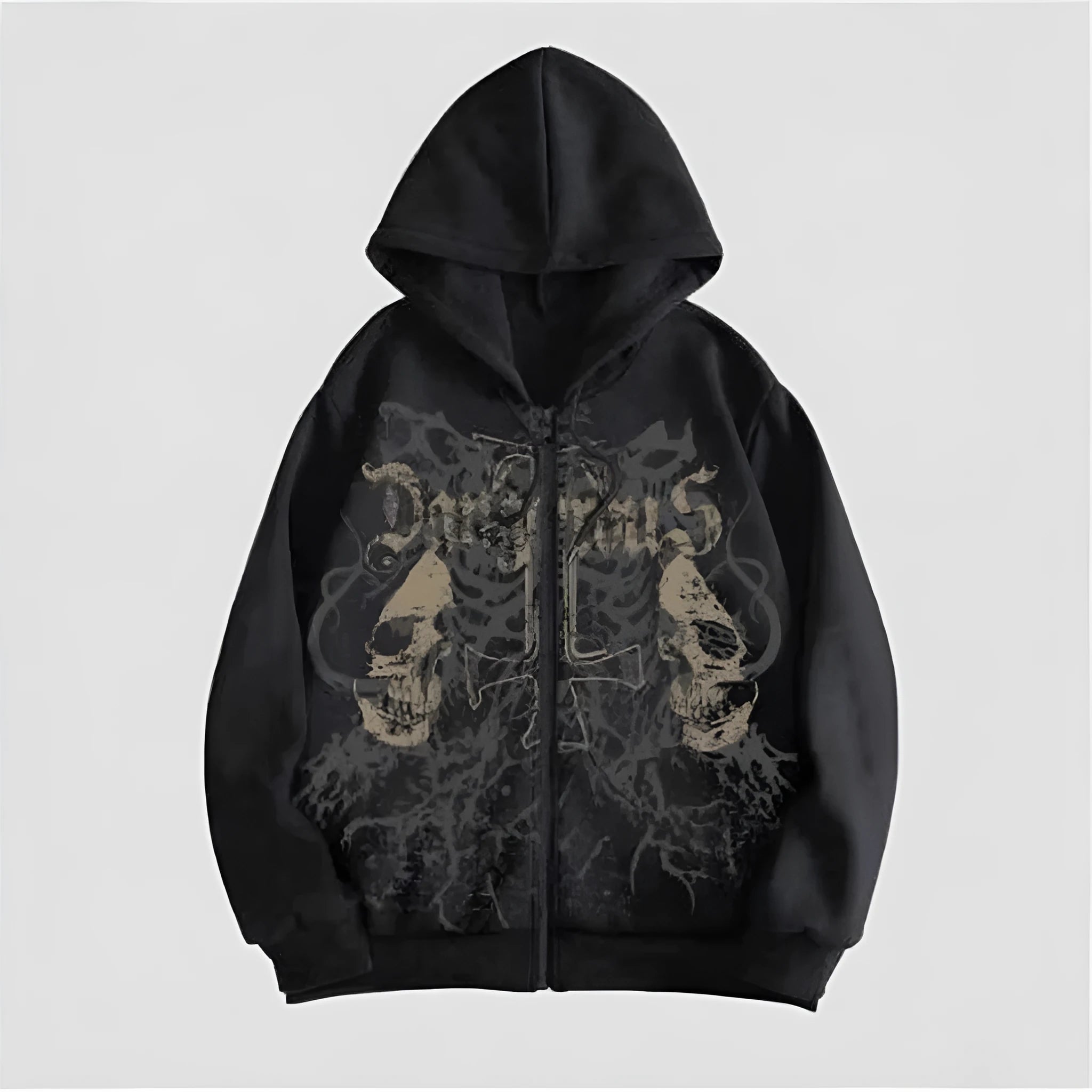 Men's black skull print hooded sweatshirt with long sleeves and cotton blend fabric