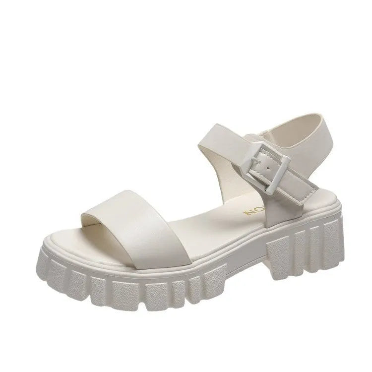 Beige women's platform sandals with ankle-strap buckle and peep toe fish mouth design.
