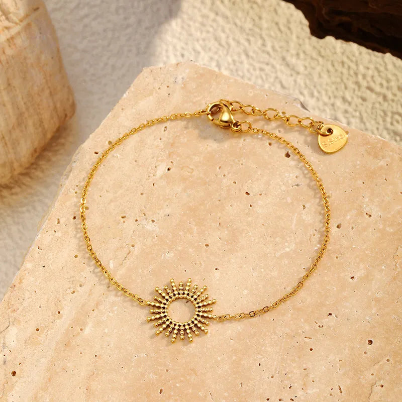 Women's sunflower motif geometric chain necklace and bracelet set with gold plating