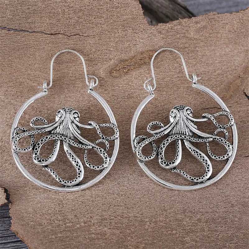 Vintage octopus earrings in antique silver finish with retro animal styling