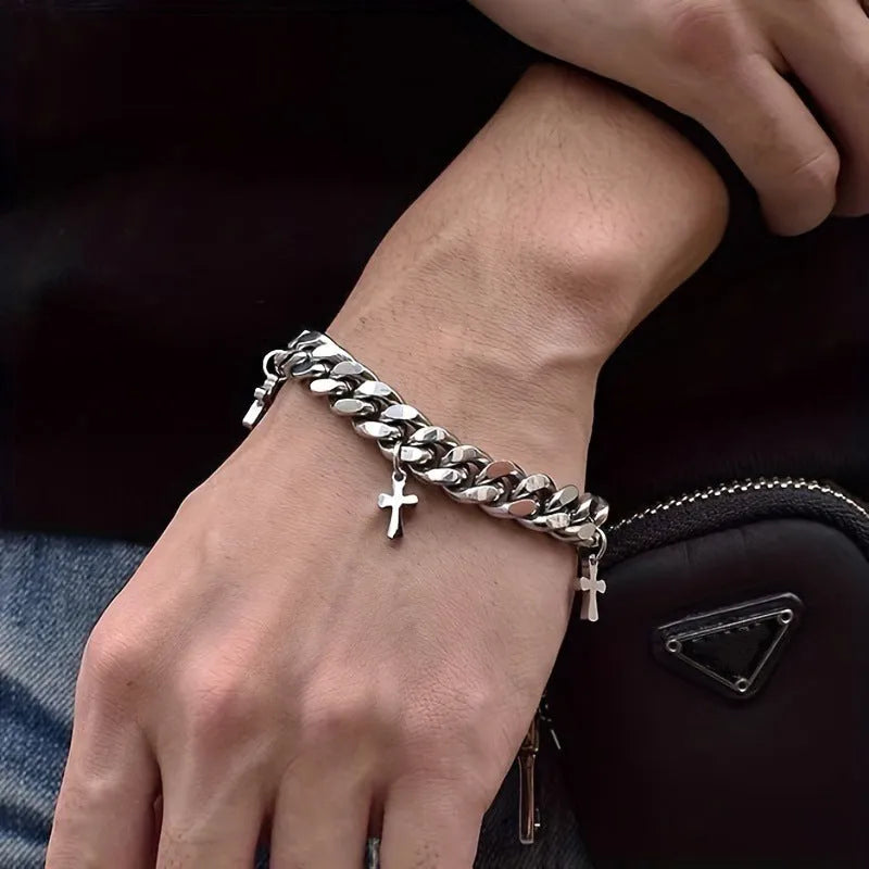 Men's titanium steel cross bracelet with geometric design and cold wind style