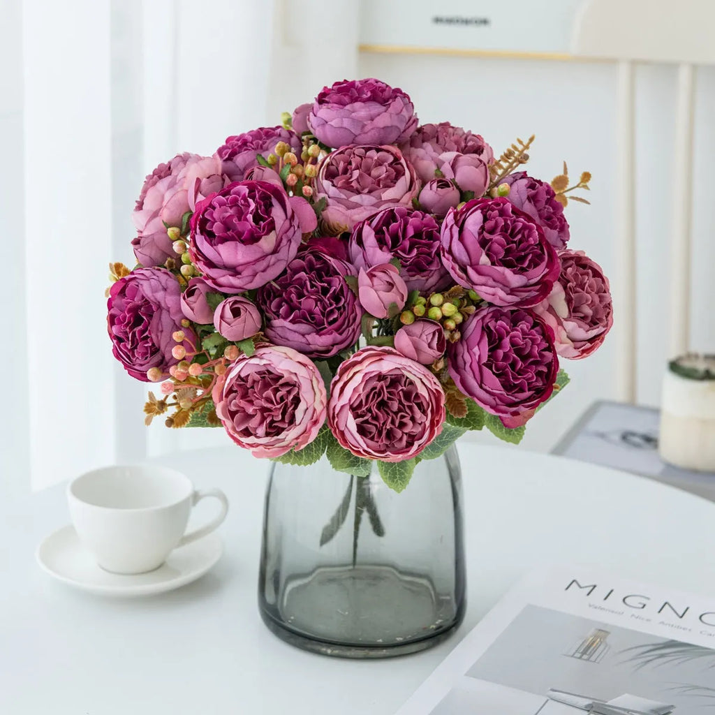 Silk artificial peony bouquet arrangement in champagne colour for home or wedding decor.