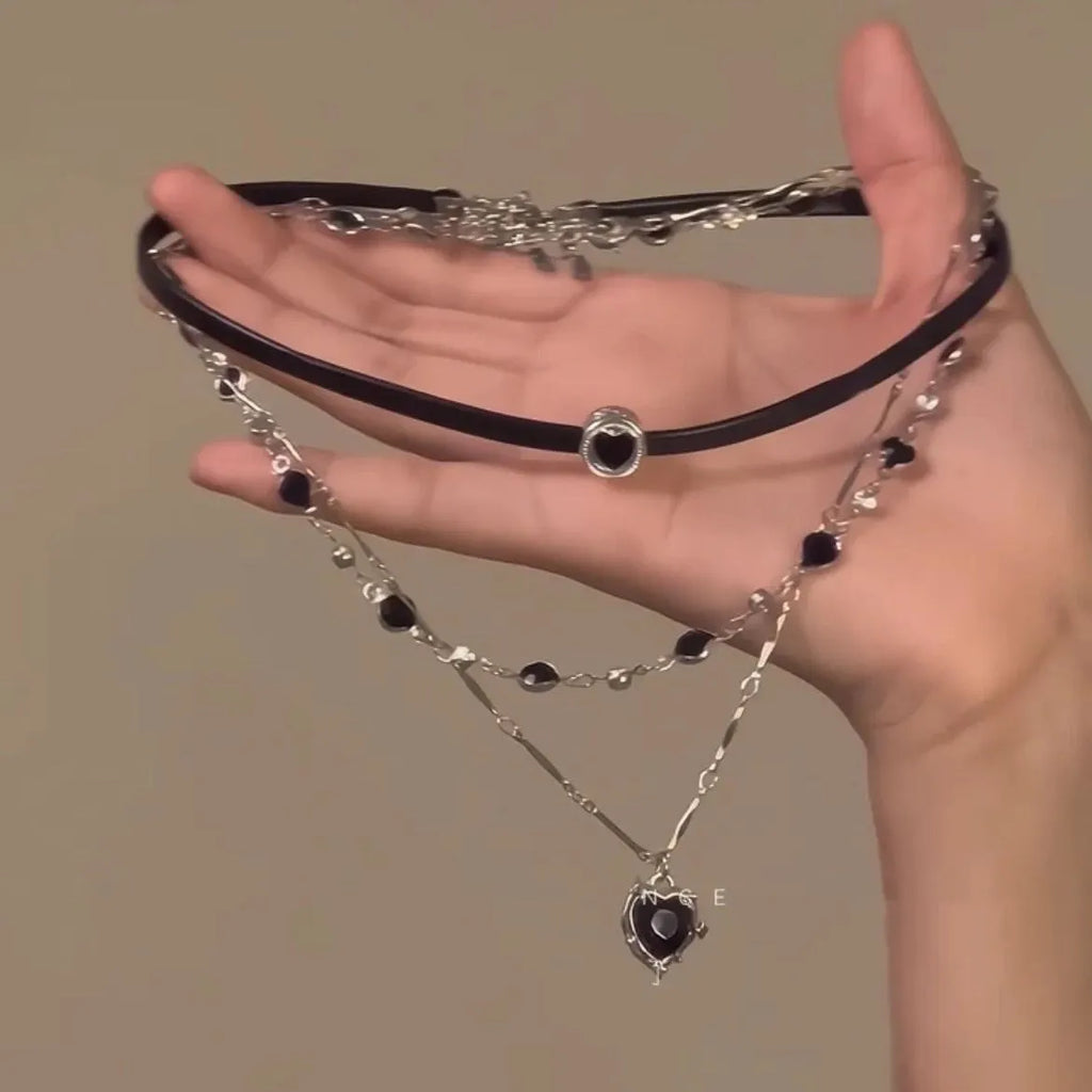 Women's multi-layer twin necklace with leather heart pendant and adjustable clavicle chain