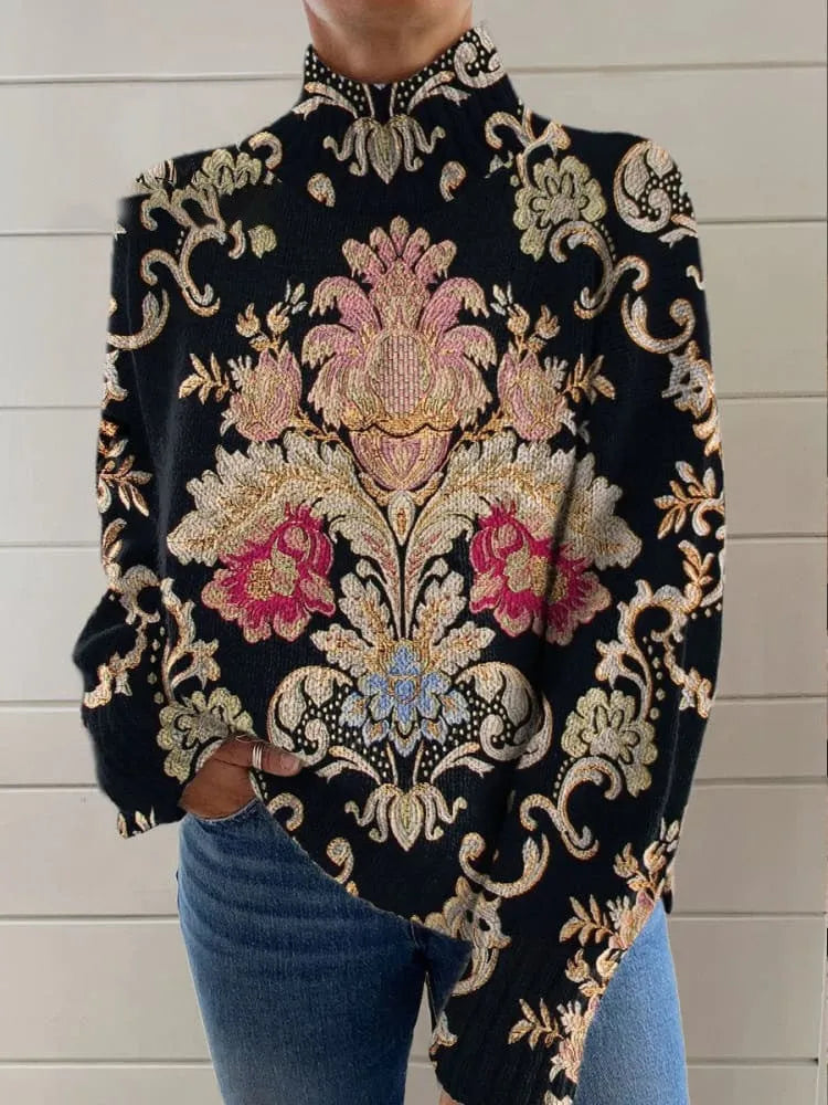 Black line 3D pattern printed turtleneck long sleeve sweater loose fit