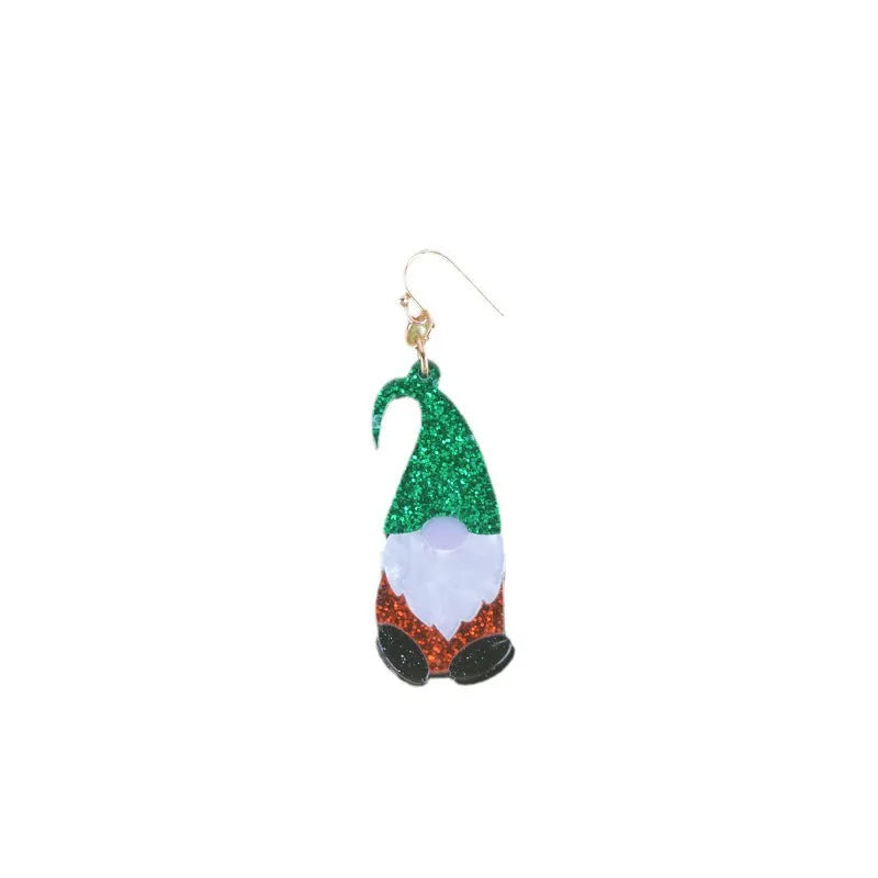 Santa Claus cartoon character acrylic earrings in red and green hat colour variations