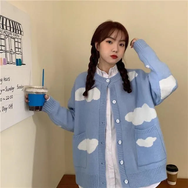 Blue cloud pattern women's cardigan sweater with loose fit and long sleeves