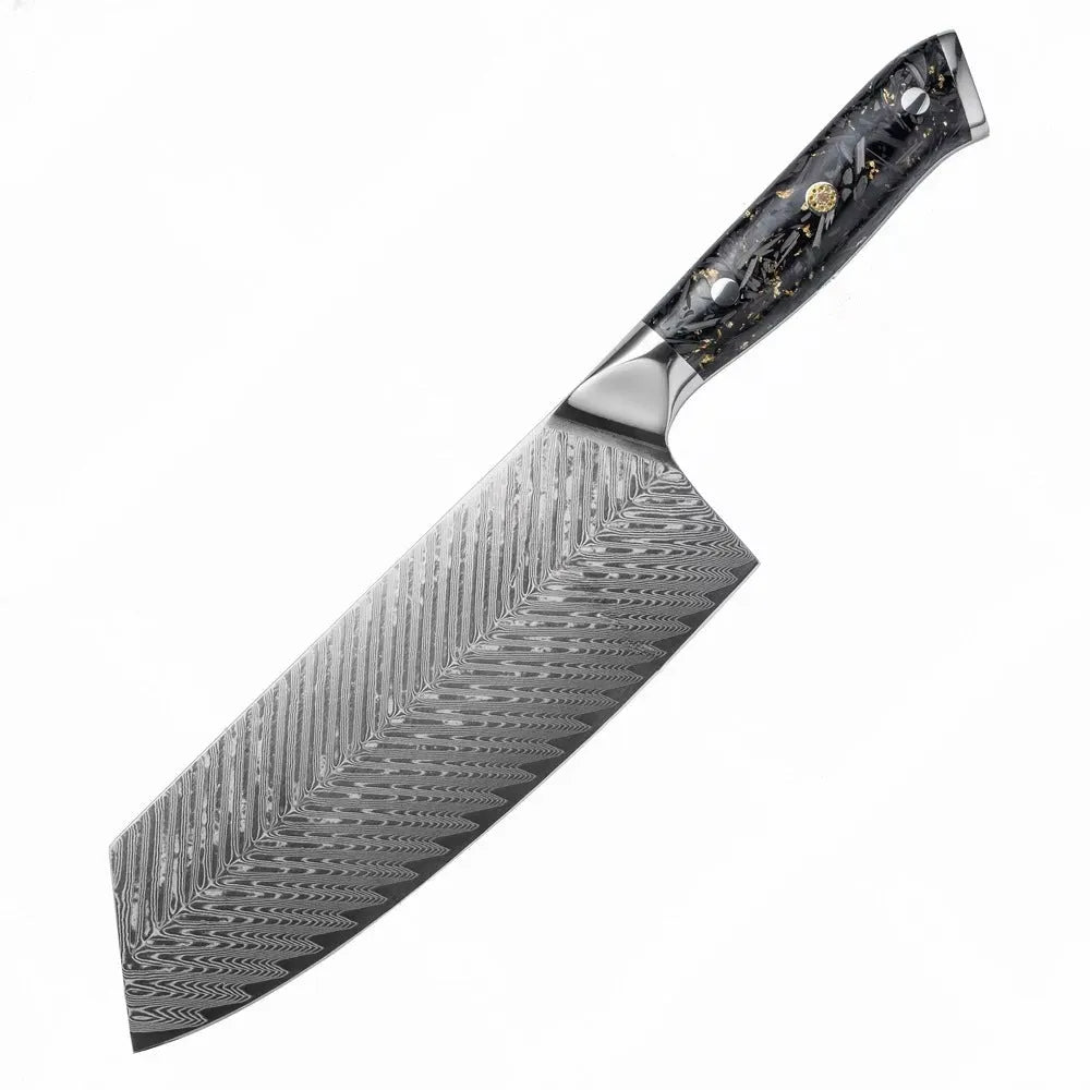 Damascus steel 8-piece kitchen knife set showing fishbone pattern on blades
