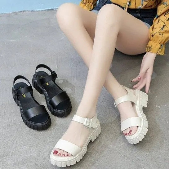Beige women's platform sandals with ankle-strap buckle and peep toe fish mouth design.