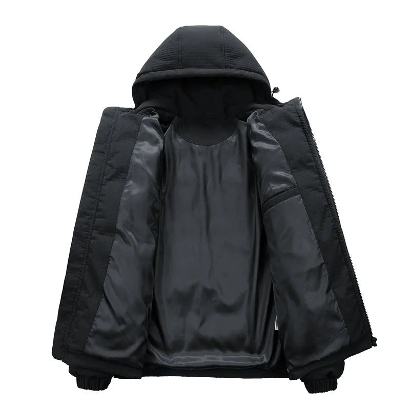 Men's black hooded cardigan coat with cotton padding and side seam pockets.