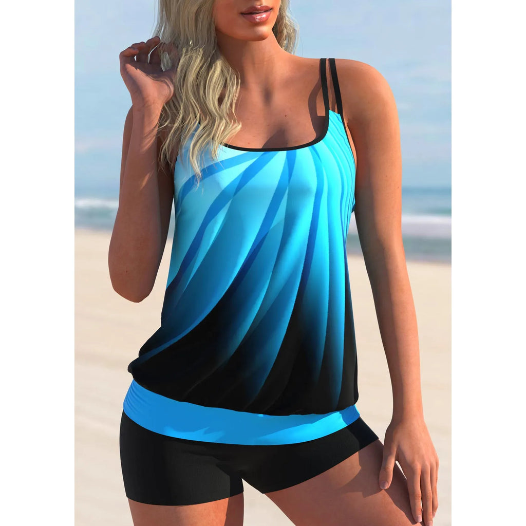 Plus size women's printed swimsuit set with conservative shorts and sling top in butterfly print