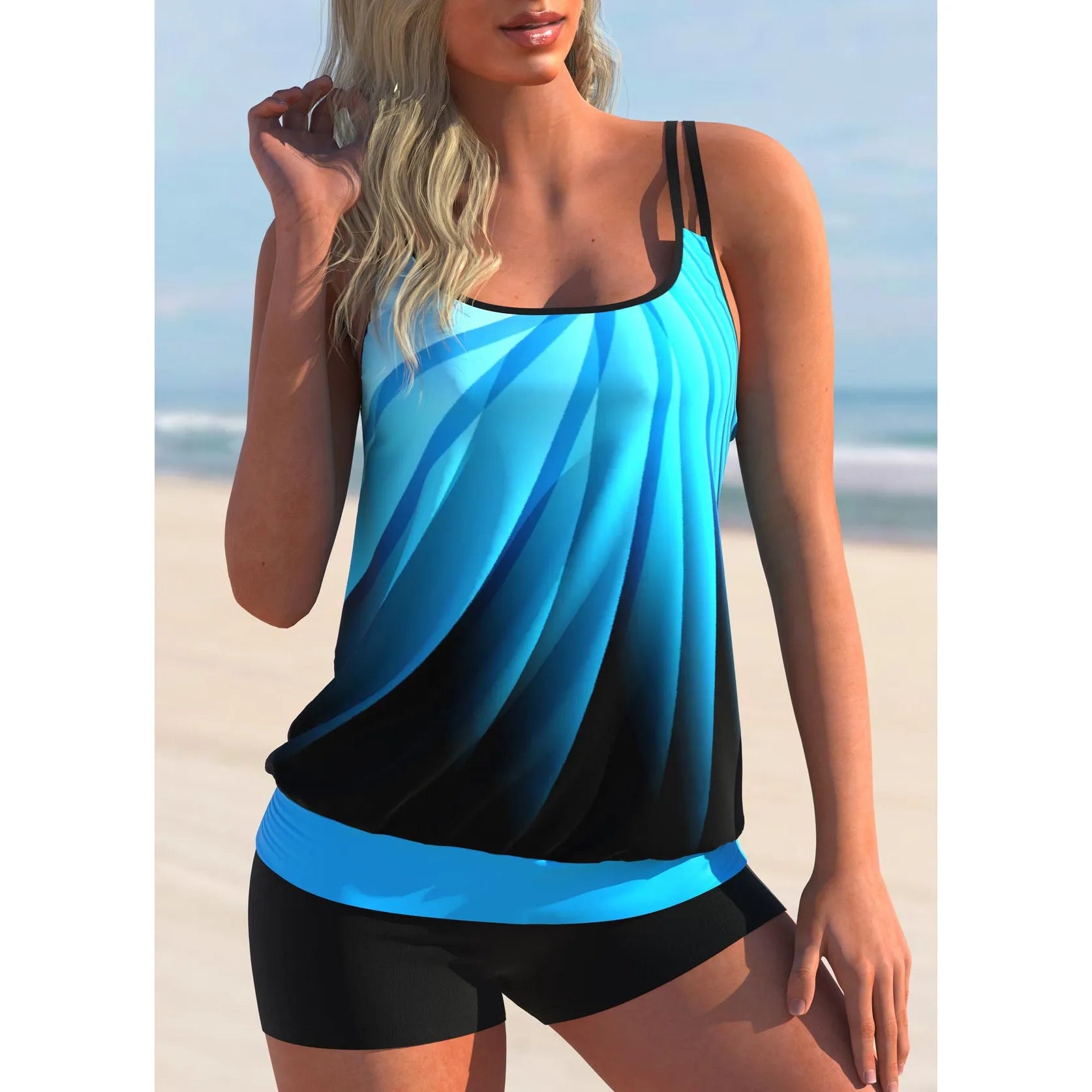 Plus size women's printed swimsuit set with conservative shorts and sling top in butterfly print
