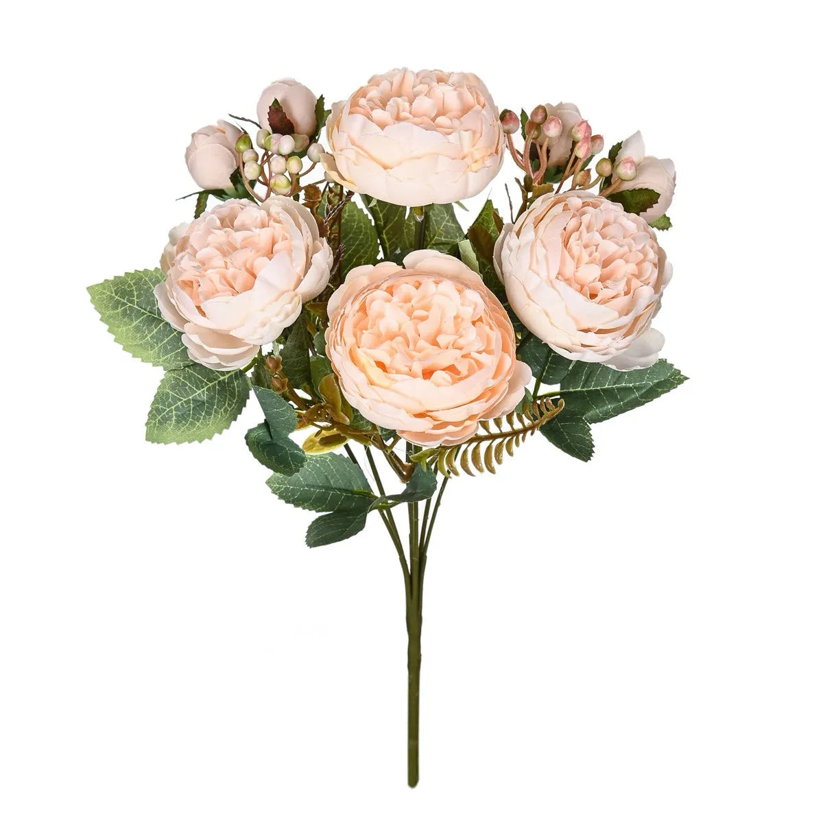 Silk artificial peony bouquet arrangement in champagne colour for home or wedding decor.