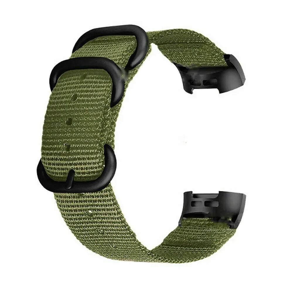 Nylon replacement watch strap with three-ring buckle for Fitbit Charge 2, 3, 4, and 5 fitness trackers.
