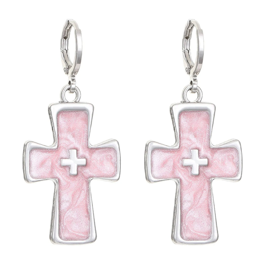 Women's classic alloy earrings showing cross, heart, and animal designs in white, black, and silver colours