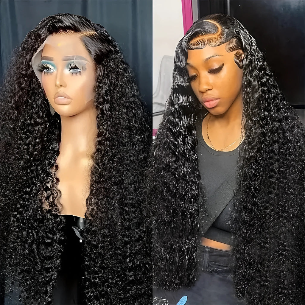 Black lace front Afro wig with small roll wound tube construction and long curly hair with side bangs