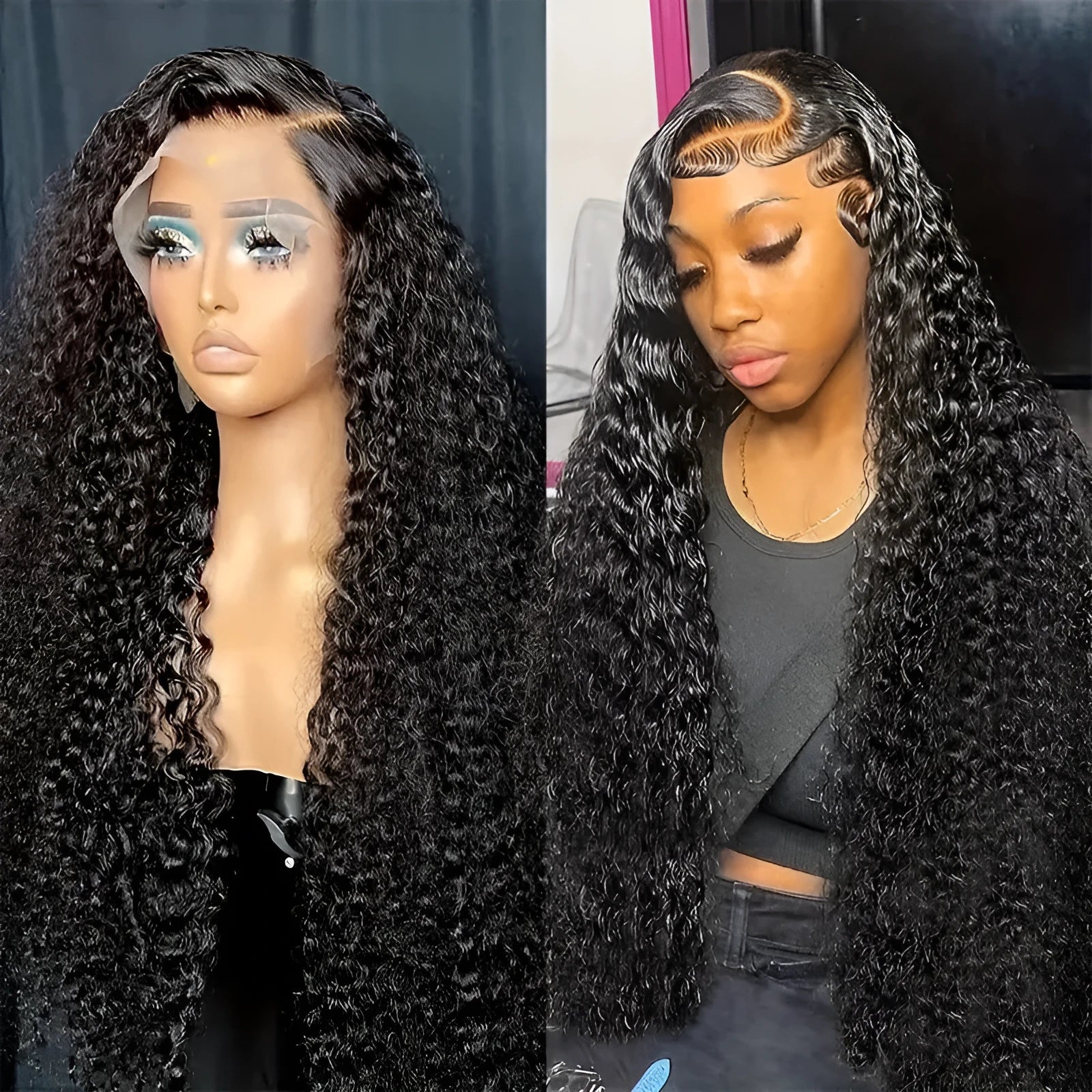Black lace front Afro wig with small roll wound tube construction and long curly hair with side bangs