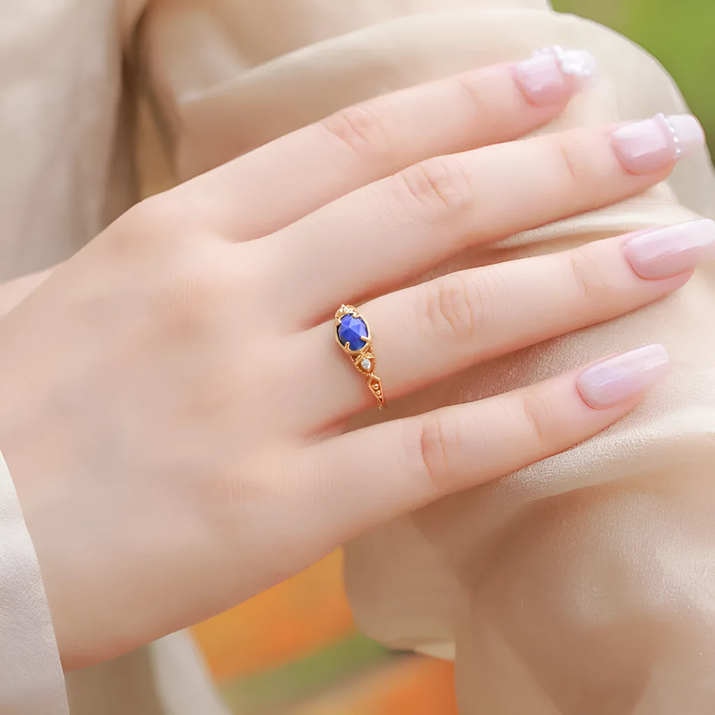 Japanese style lapis lazuli ring with forest night sky design on silver alloy band