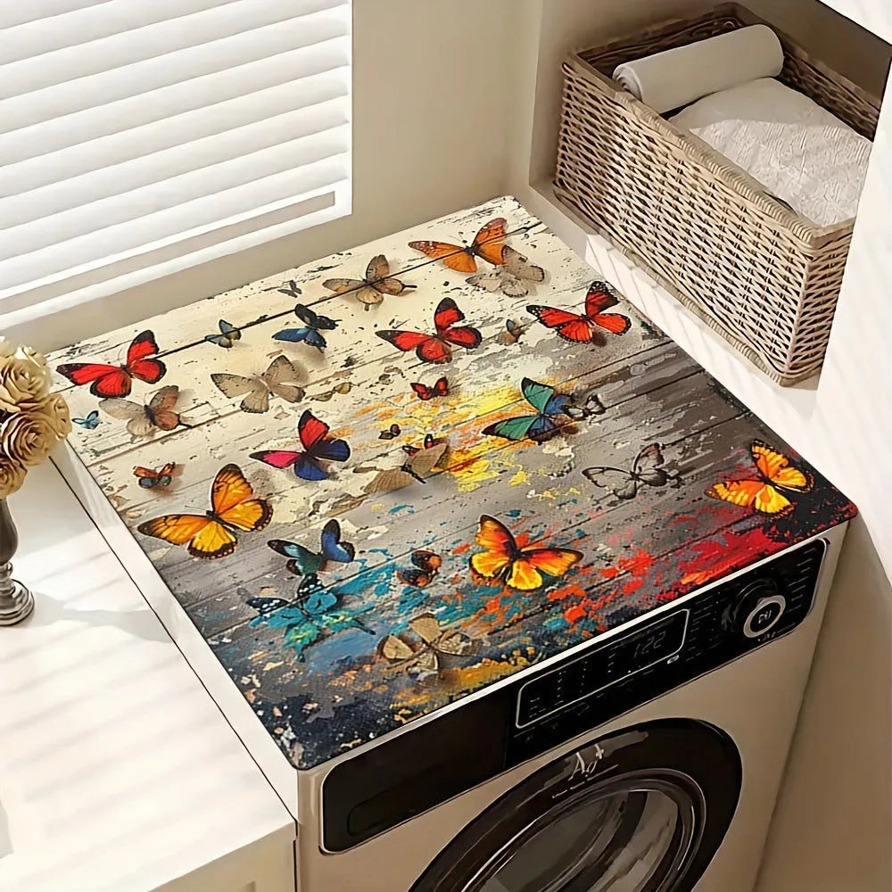 Dustproof absorbent washing machine mat with abstract print in front of a washing machine