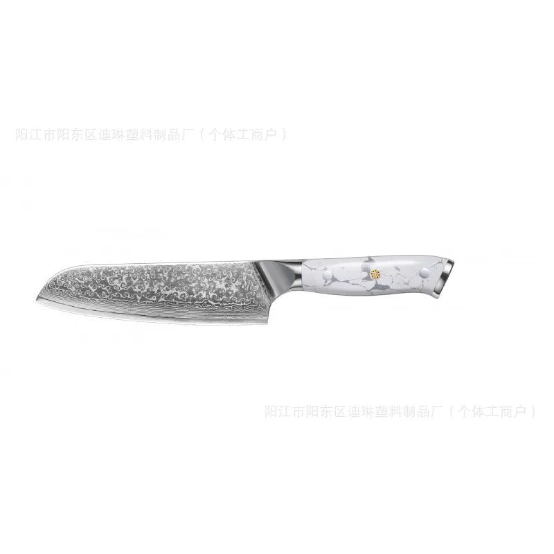 Damascus pattern chef's knife with VG10 steel blade and modern handle for kitchen use