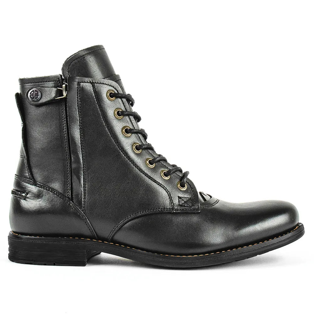 Men's black and brown two-tone leather ankle boots with a side zipper fastener.