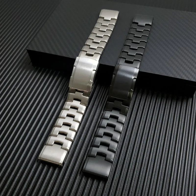 Metal watch strap for Garmin Fenix and Jiaming watches showing quick-release mechanism