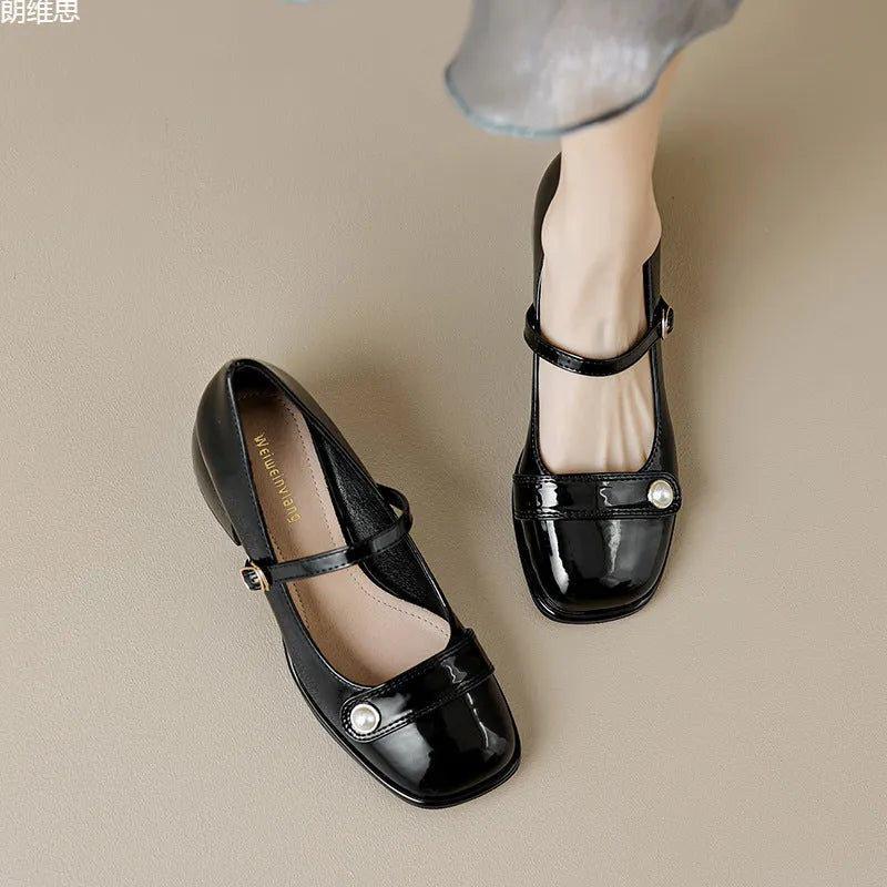 Women's patent leather chunky heel pump in apricot with square toe and buckle closure
