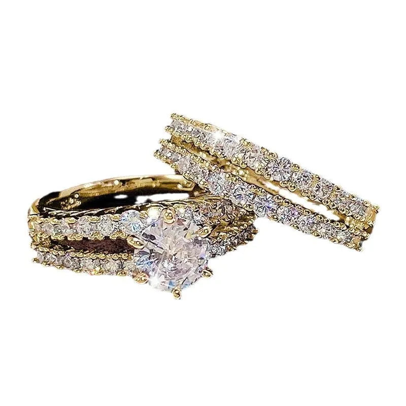 Geometric fully-jewelled female ring set in silver, gold, and rose gold colour options on a size chart.