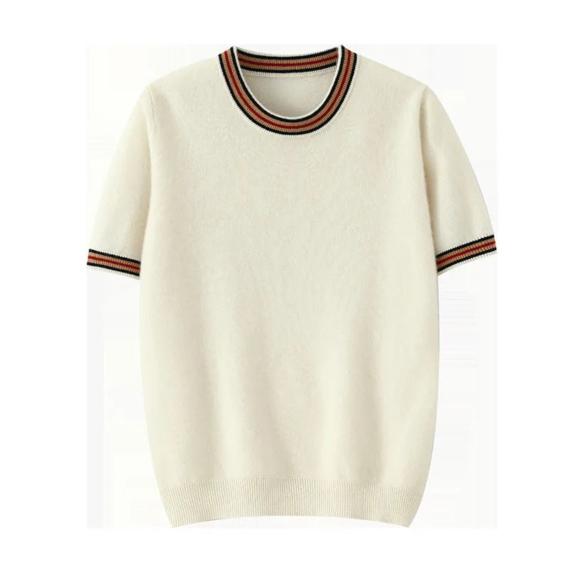 Men's grey round neck short sleeve pure wool pullover sweater on a hanger.
