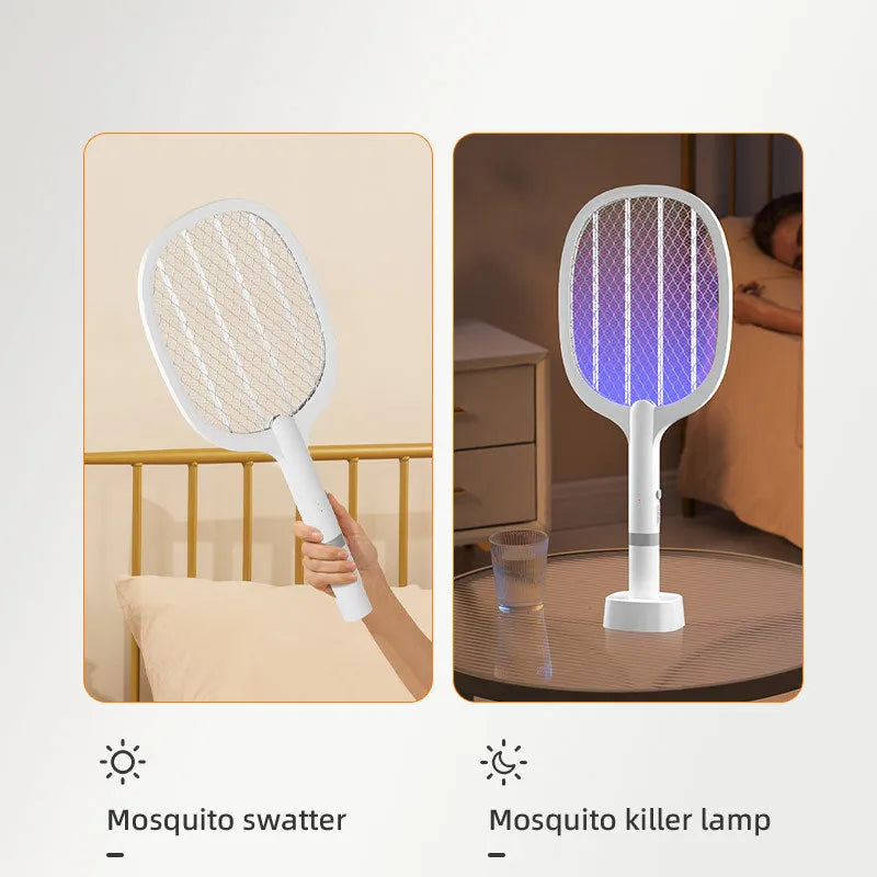 Blue and purple rechargeable electric mosquito swatters for indoor use.