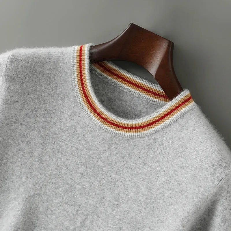 Men's grey round neck short sleeve pure wool pullover sweater on a hanger.