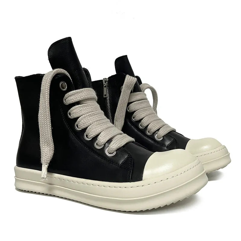 High-top leather sneakers with side zipper in black, creamy white, rose red, and olive green colours