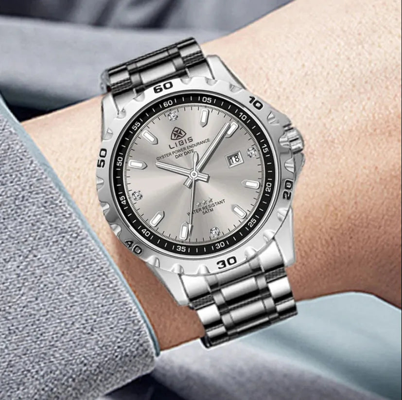 Men's silver business watch with luminous dial and stainless steel strap in black or grey options