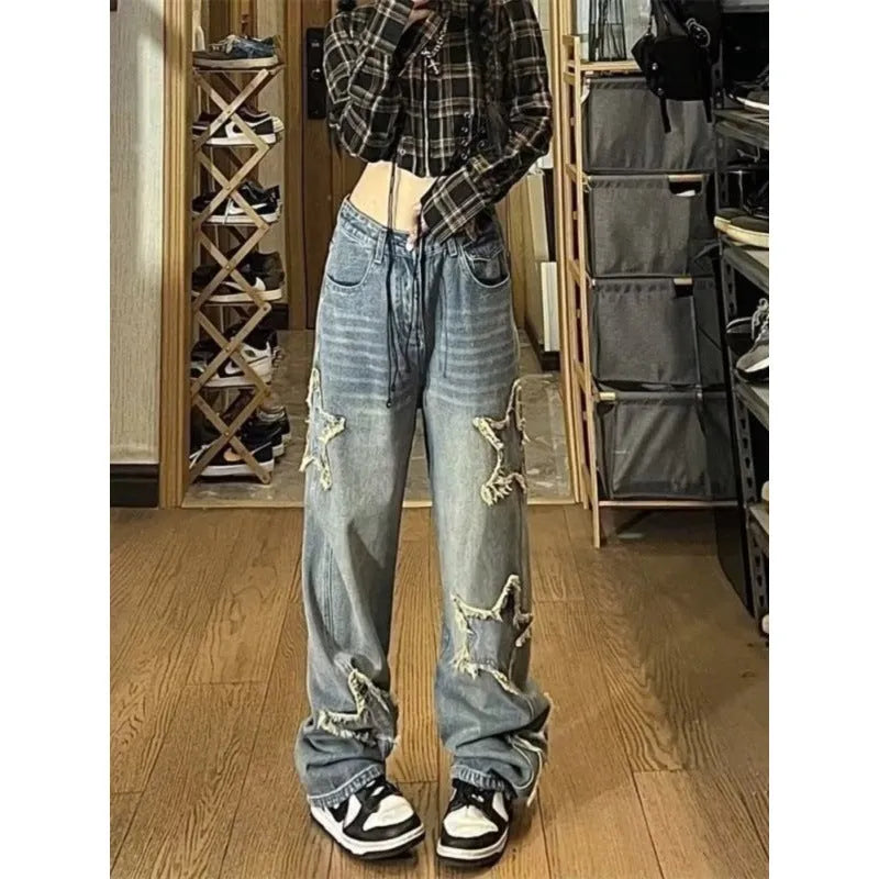 Women's blue high-waist straight-leg jeans with micro elasticity cotton denim fabric