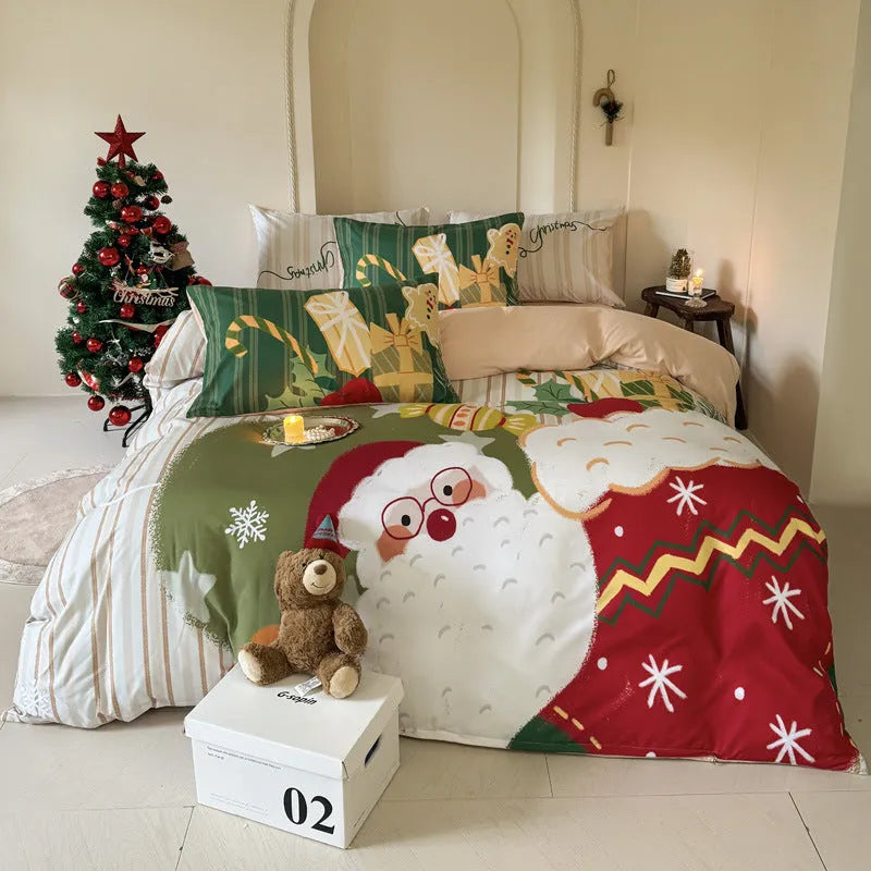 Christmas cartoon print bedding four-piece set on a bed, showing duvet cover and pillowcases.