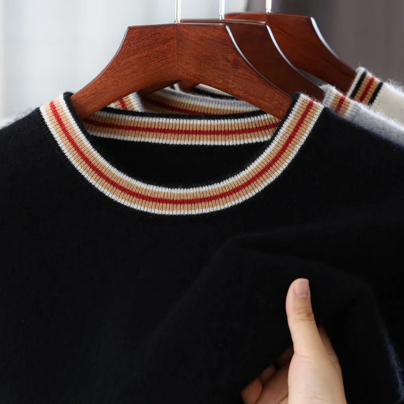 Men's grey round neck short sleeve pure wool pullover sweater on a hanger.