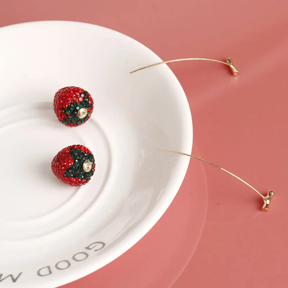 Geometric zinc alloy strawberry earrings for women with spot drill texture in red, pink, purple, champagne, pink & white, and white powder.