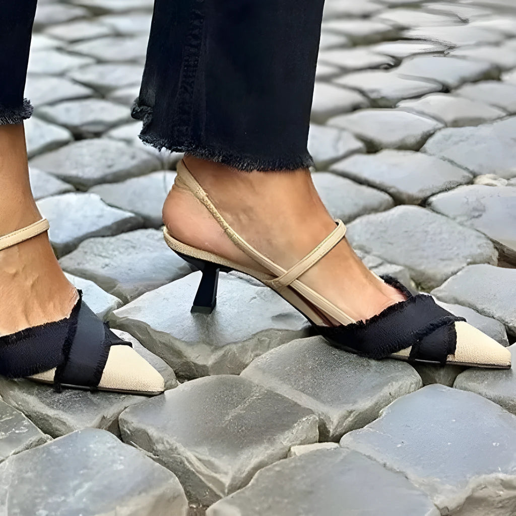 Women's apricot black colour block pointed toe sandals with buckle and stiletto heel.