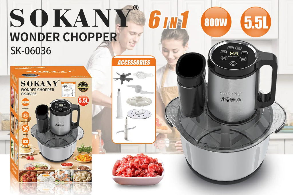 Stainless steel meat grinder with 5L capacity bowl and adjustable speed controls