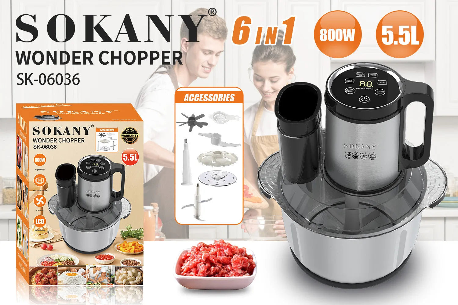 Stainless steel meat grinder with 5L capacity bowl and adjustable speed controls