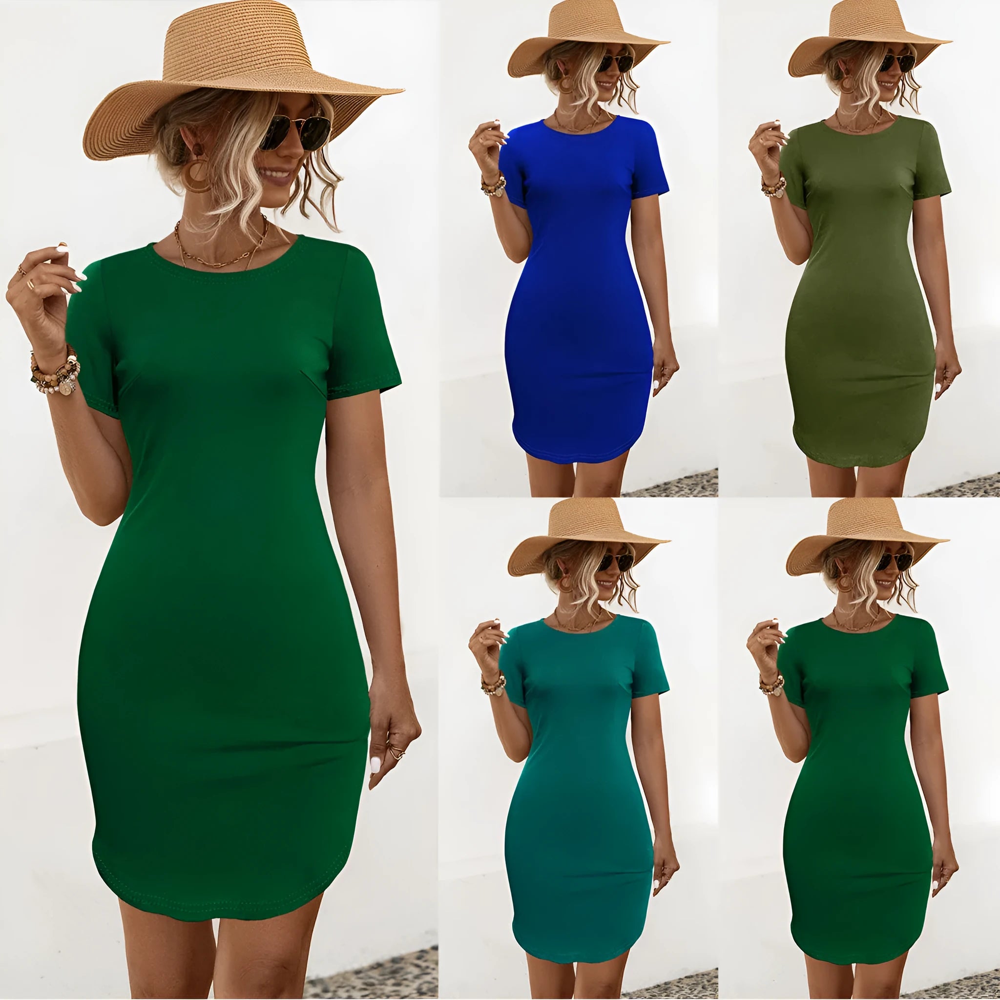 Women's slim fit short sleeve dress in army green with a U-shaped split at the back.